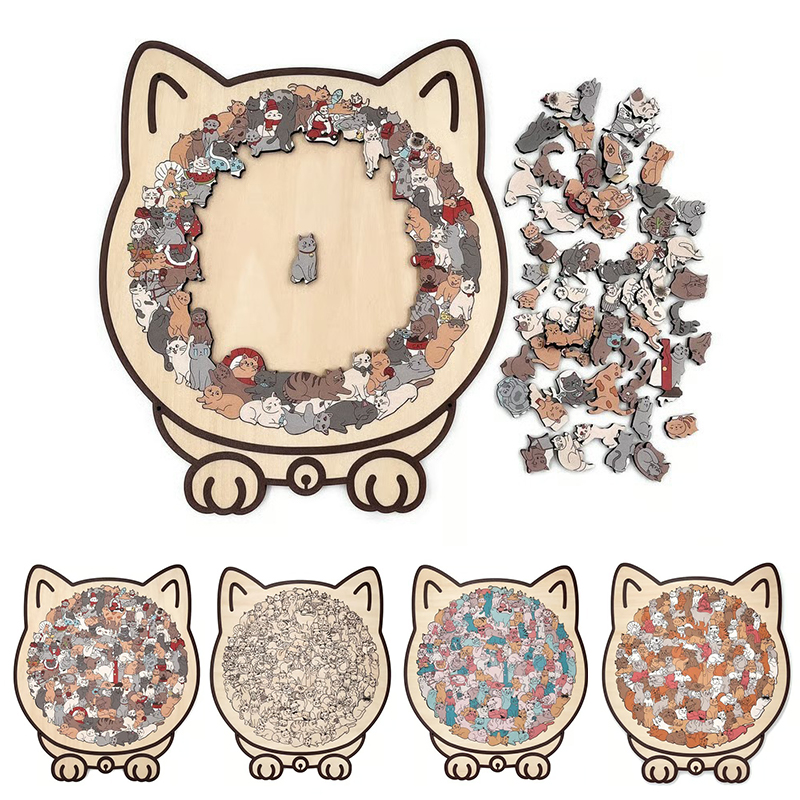 Woodworking Jigsaw - 135ピース モランディカラー 猫型木製ジグソーパズル 不規則な猫型の動物ピース ホームデコレーションやパーティーゲームのギフトに