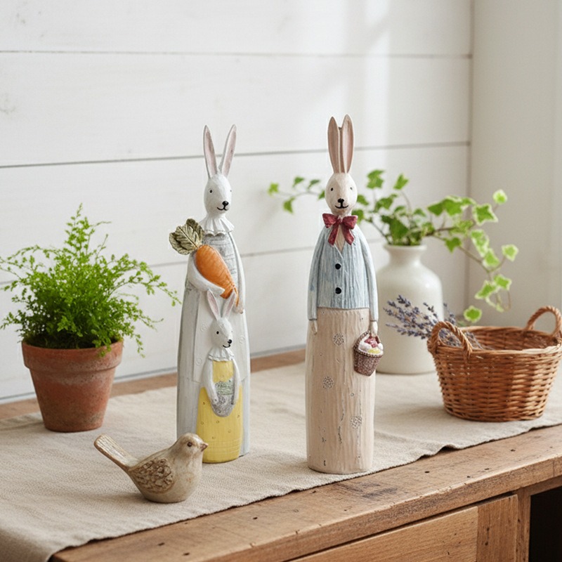 Woodworking Rabbet - 木目調樹脂製うさぎのカップル像 - カップルへの手作り記念日ギフト、リビングルームと寝室のロマンチックな棚飾り