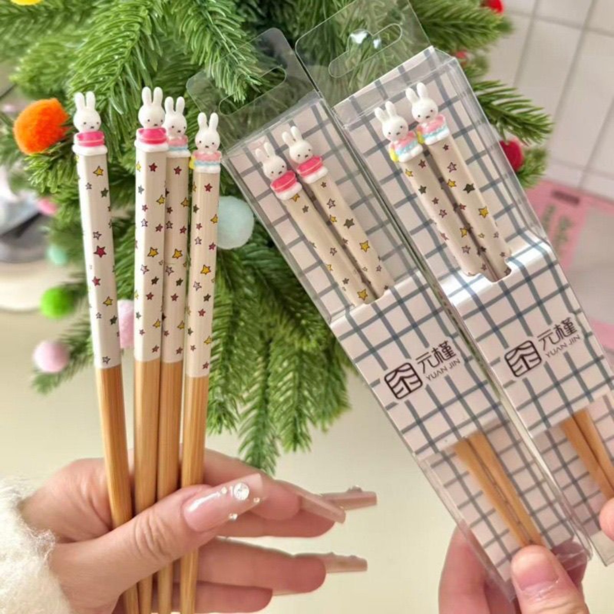 Woodworking Rabbet - かわいいミッフィーうさぎ箸 キュートな漫画ミッフィーうさぎ星柄カバー 3Dミッフィーうさぎ竹と木製箸ギフトセット