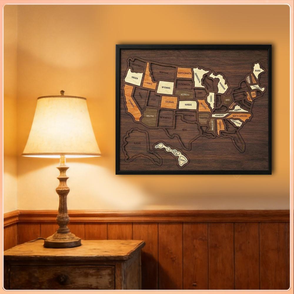 Woodworking Usa - 12×10インチ木製アメリカ合衆国地図パズル、取り外し可能なUSA旅行地図パズル、家庭、キッチン、オフィス、カップルや家族へのギフト