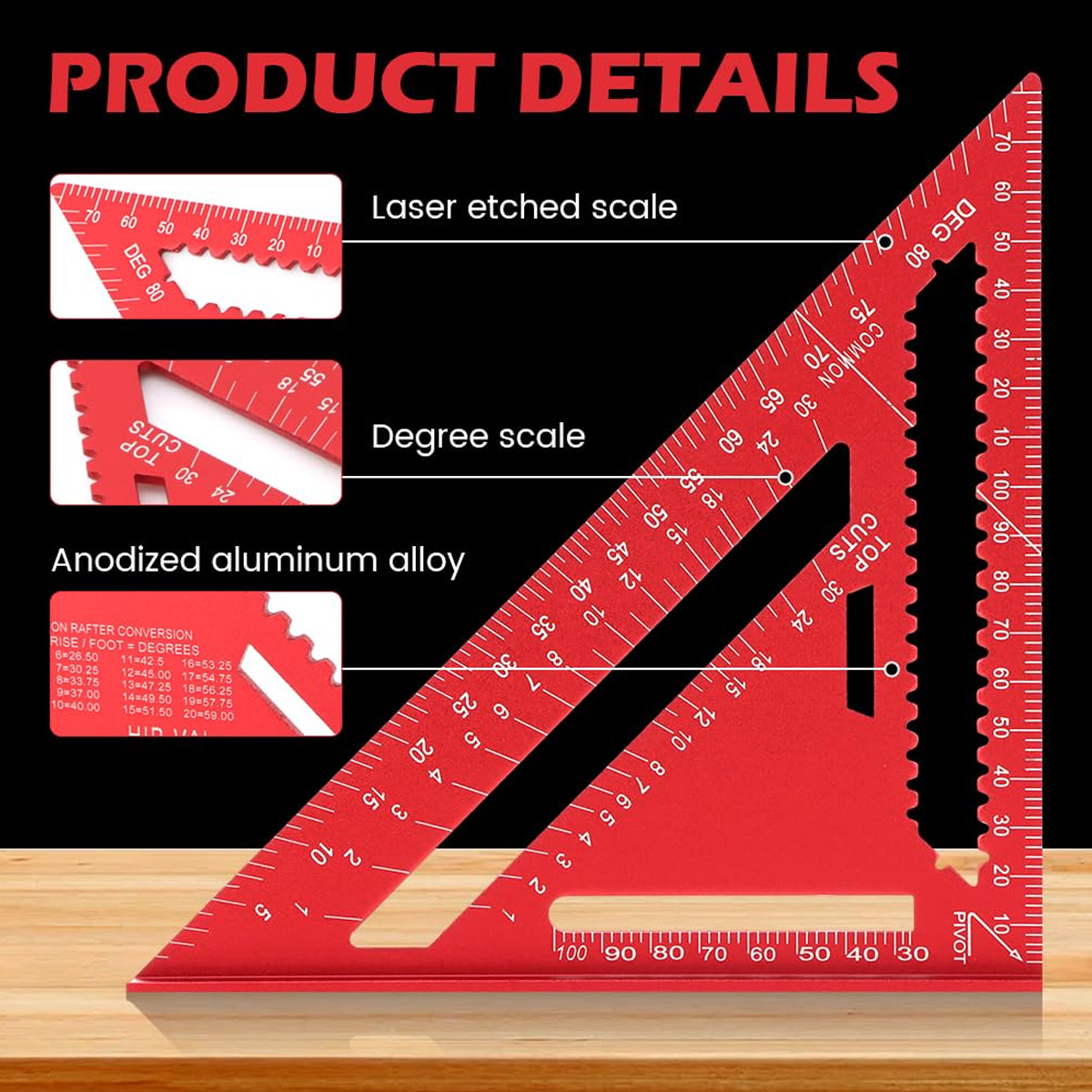 Woodworking Essentials - アルミ合金スピードスクエア高精度メートル三角定規木工角度測定ツール