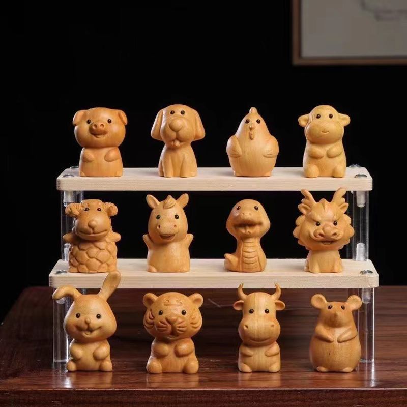 Woodworking Rabbet - ミニかわいい木製 12 干支ヘビドラゴンラットウサギ犬ひよこ猿フィギュア動物楽しいデスクトップ飾り家の装飾誕生日ギフト