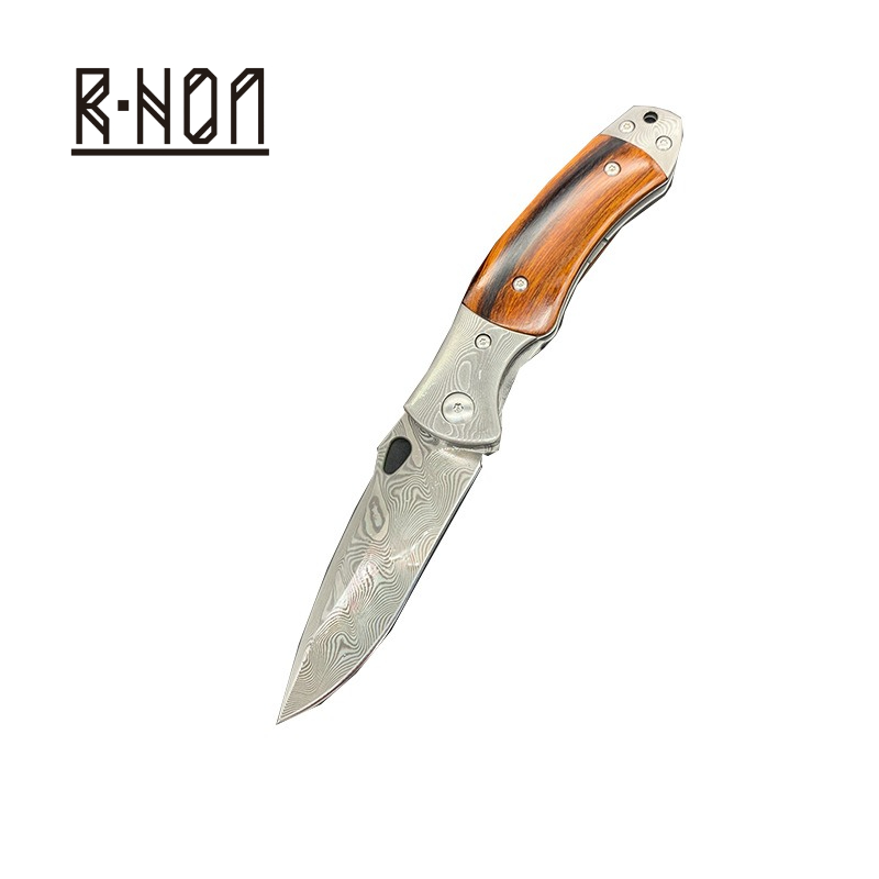 Woodworking Usa - RHON 3.14インチ プレミアムダマスカス鋼製折りたたみ式ポケットナイフ USA製 鉄製木製ハンドル EDC折りたたみ式携帯ナイフ