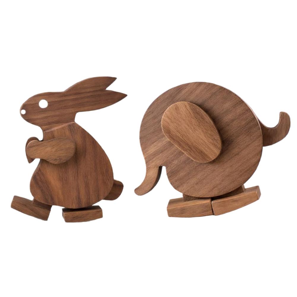 Woodworking Rabbet - 2個セット スカンジナビア風 ウッドアニマルセット 可動関節付き ウサギ＆ゾウの置物 無垢材